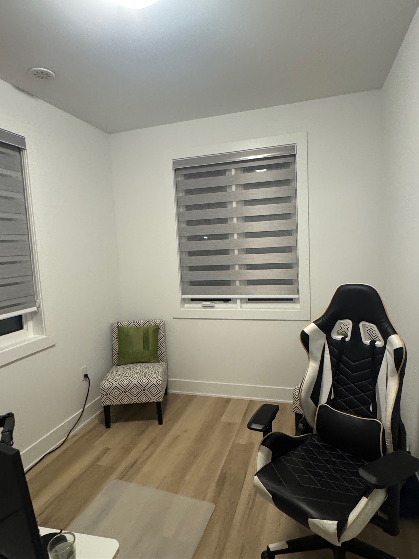Grey zebra shades on two windows in a home office